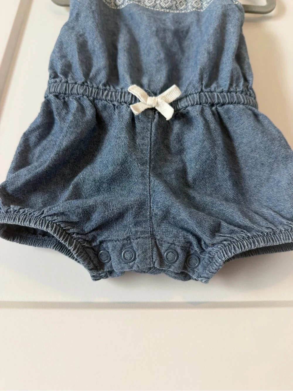 Carter's Blue Denim-Look Romper with White Bow